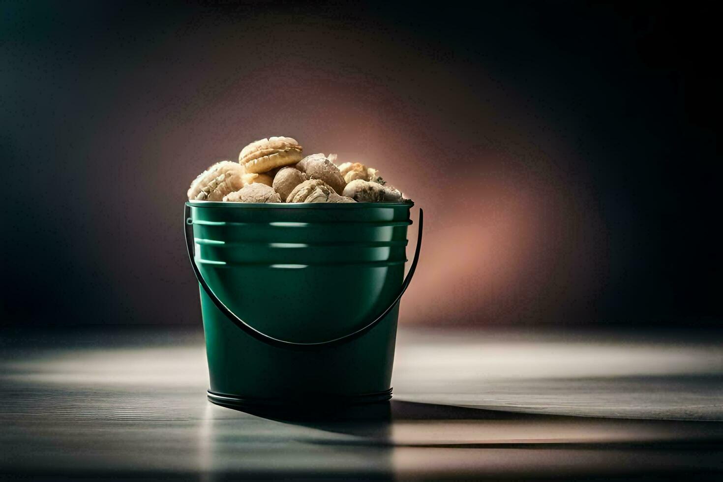 a bucket filled with nuts on a table. AI-Generated photo