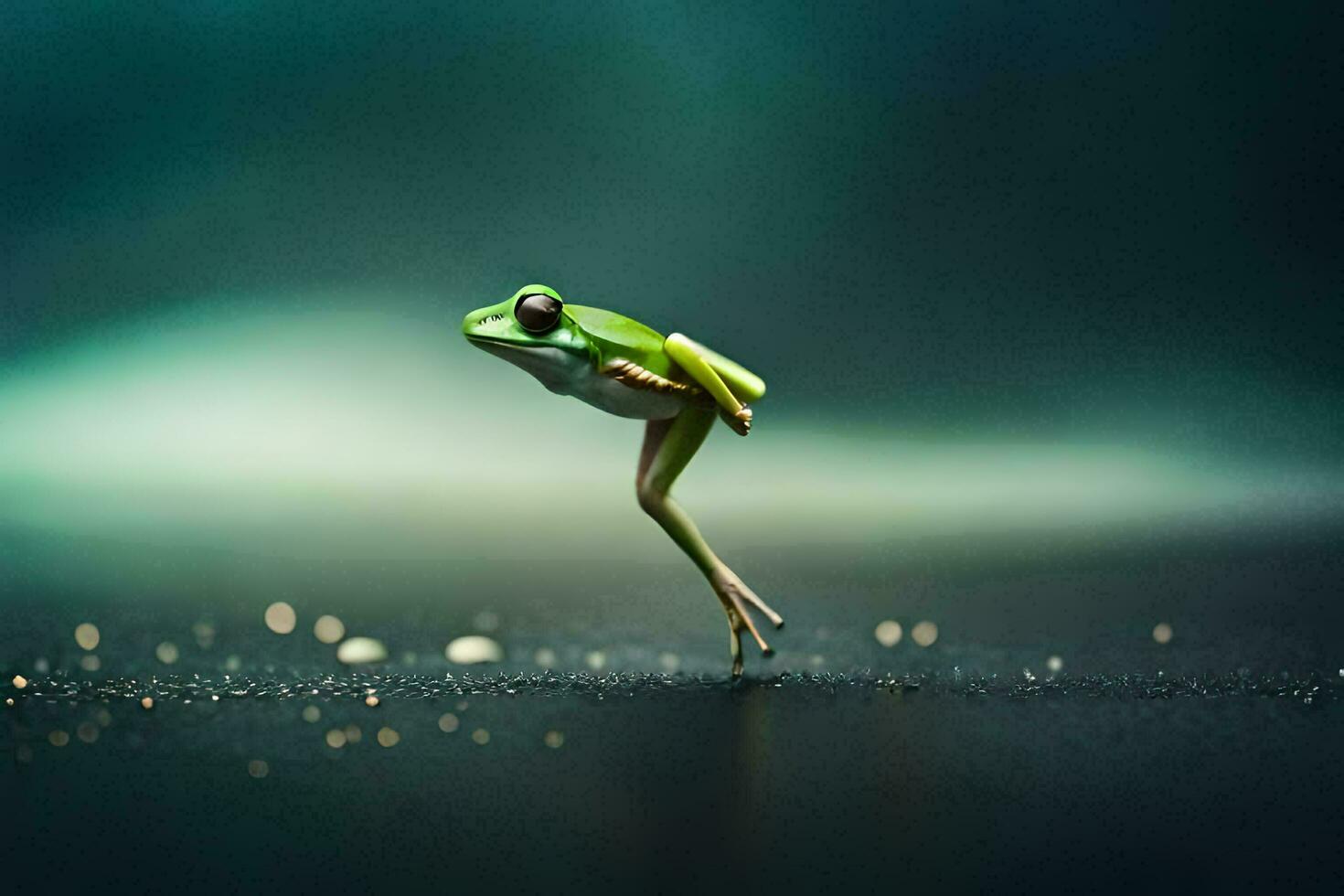 a frog jumping in the air on a dark background. AI-Generated photo