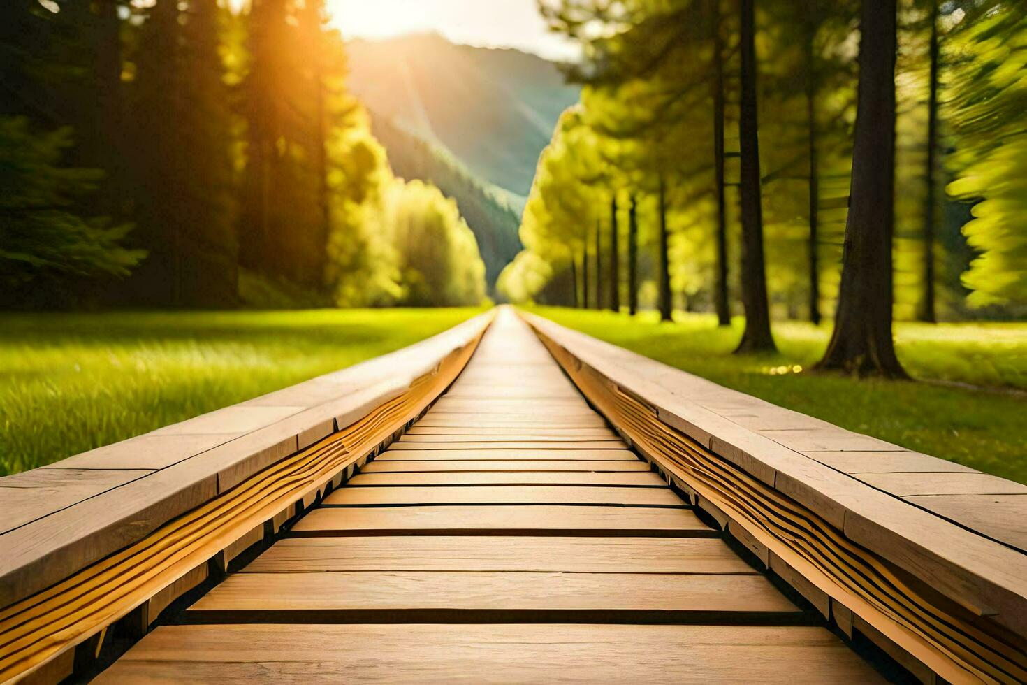 a wooden walkway in the middle of a green field. AI-Generated photo