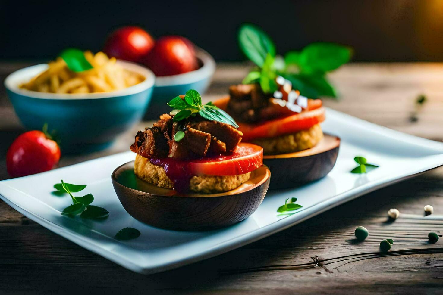 two small plates with meat and vegetables on them. AI-Generated photo