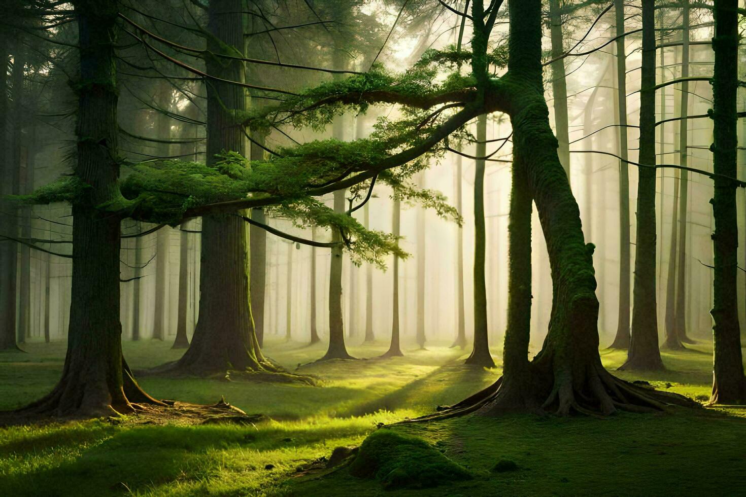 un bosque con arboles y césped en el Dom. generado por ai foto