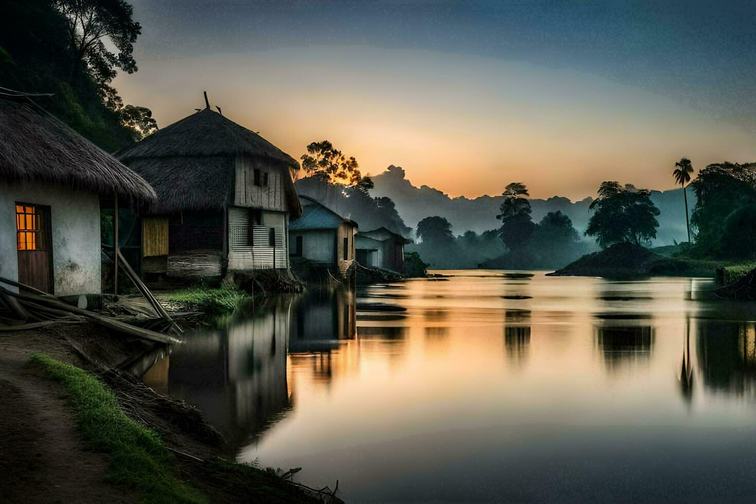a river in the middle of a village at sunset. AI-Generated photo