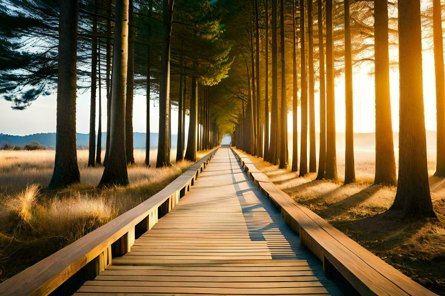 a wooden walkway leads through a forest at sunrise. AI-Generated photo