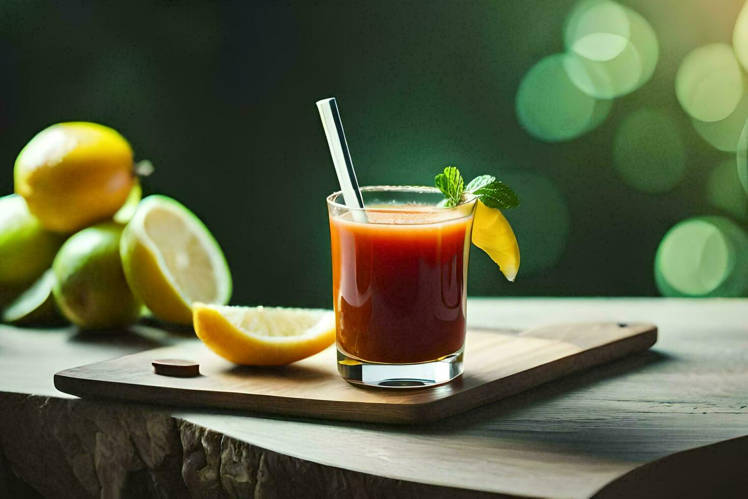 un vaso de jugo con un limón rebanada y un menta hoja. generado por ai foto