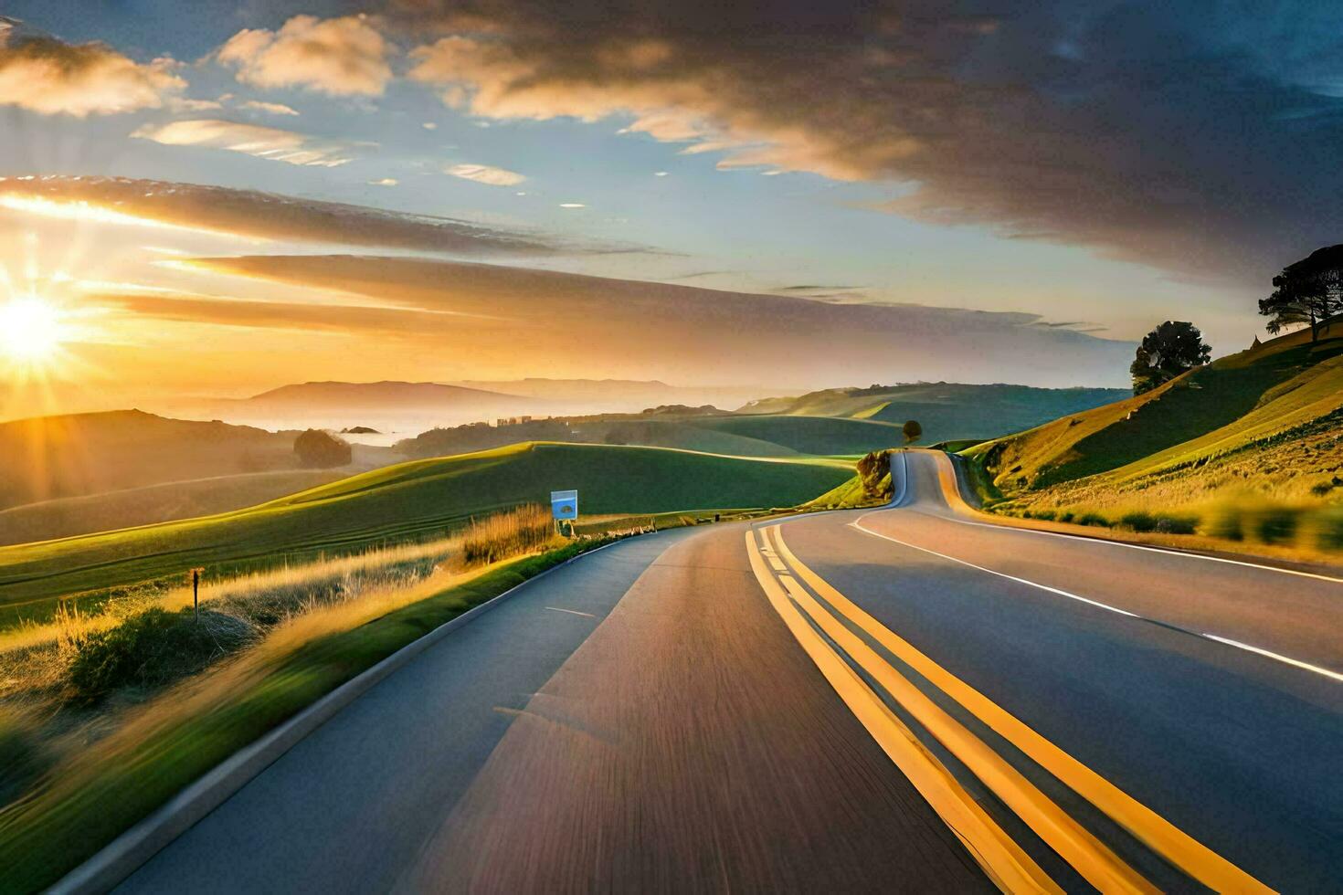 a road with the sun setting over the hills. AI-Generated photo