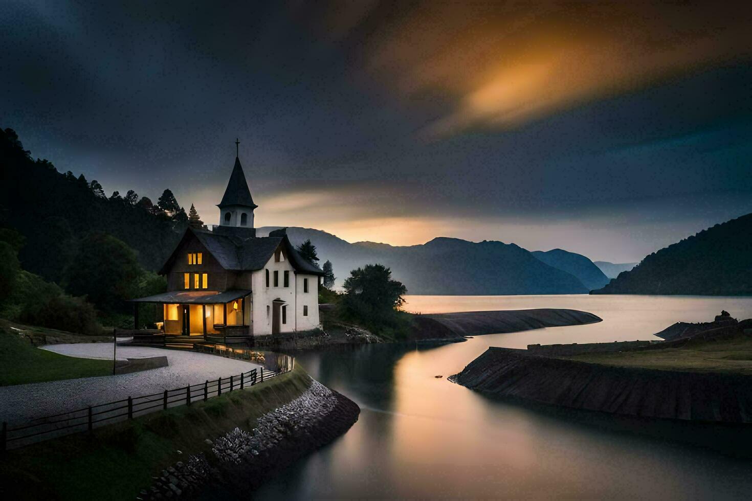 a church sits on the shore of a lake at sunset. AI-Generated photo
