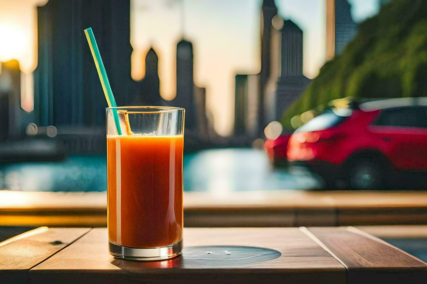 a glass of orange juice on a table in front of a city. AI-Generated photo