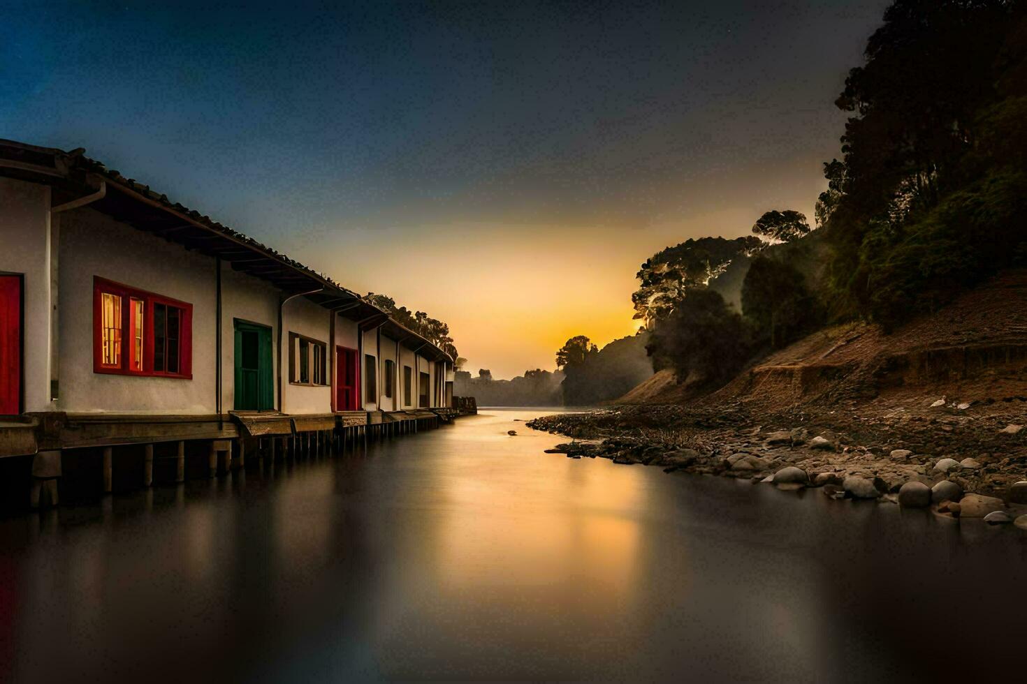 a river with houses on the shore at sunset. AI-Generated photo