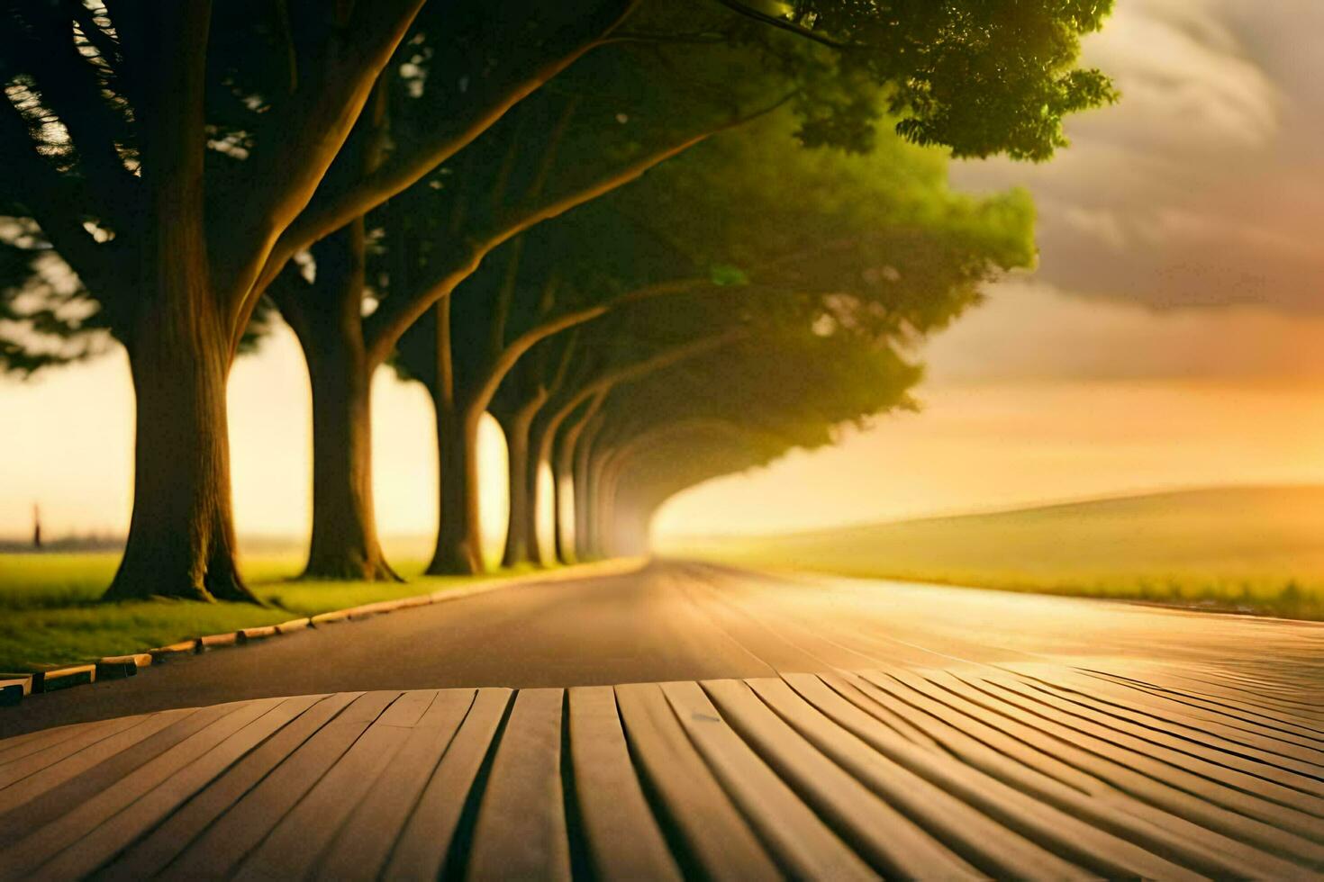 a long road with trees and a sunset. AI-Generated photo