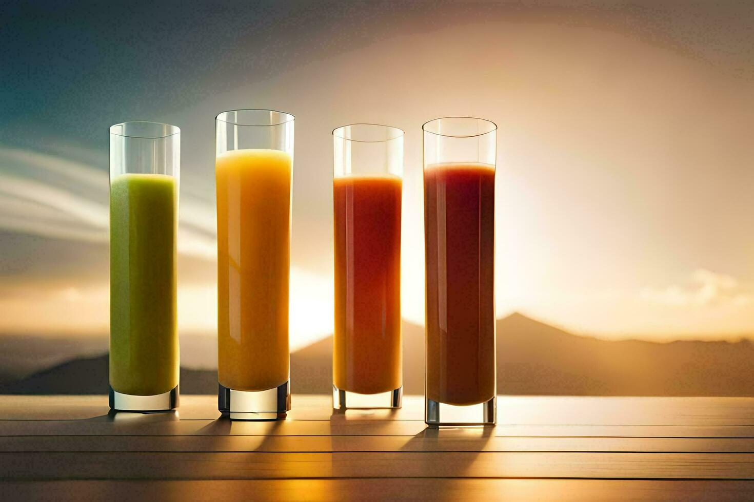 four glasses of juice on a table. AI-Generated photo