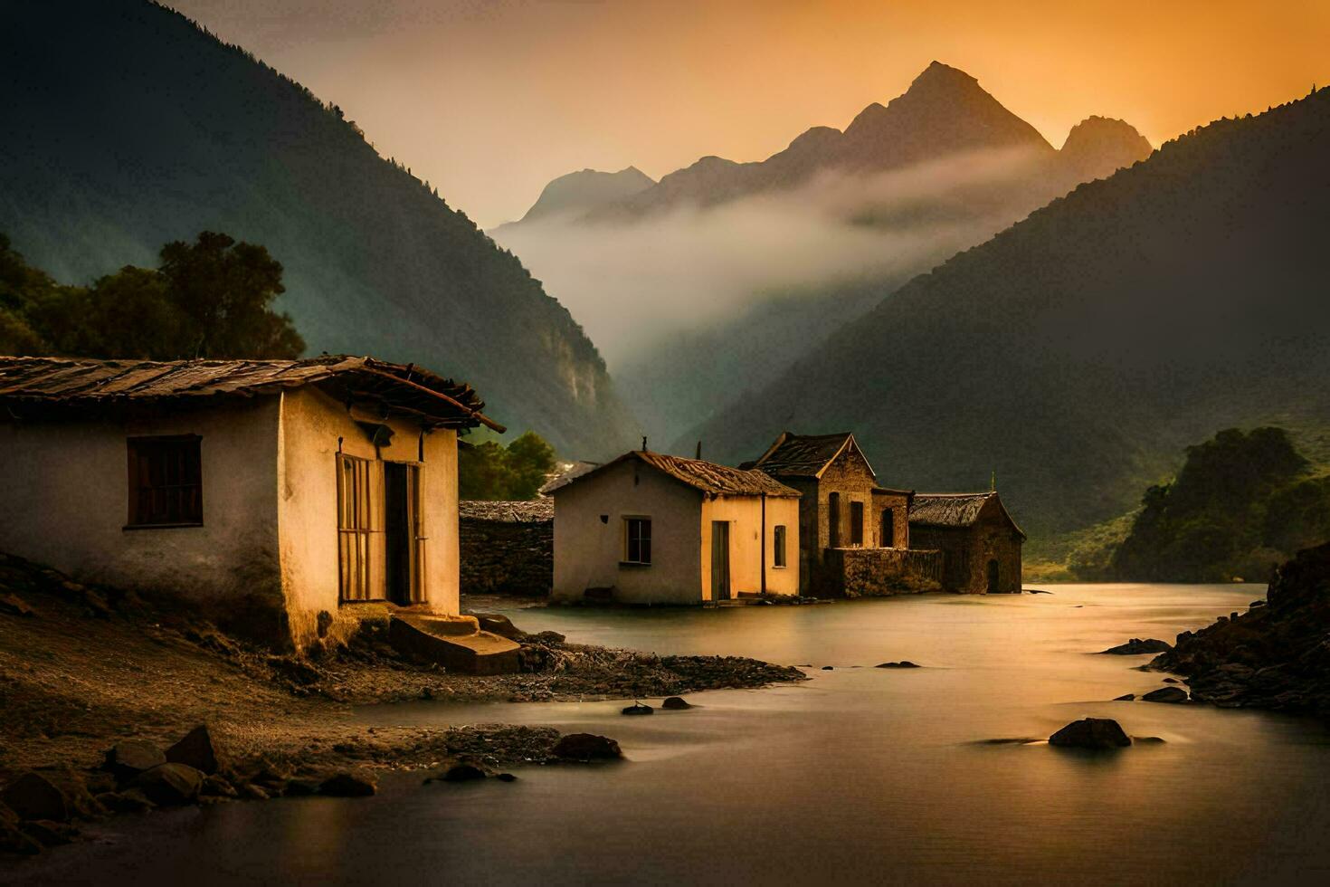 photo wallpaper the sky, mountains, water, china, the village, the river, the. AI-Generated