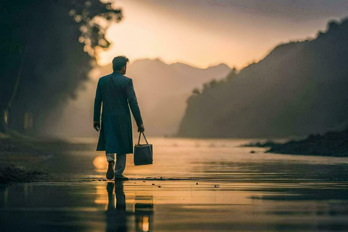 a man in a blue suit walks along the river at sunset. AI-Generated photo