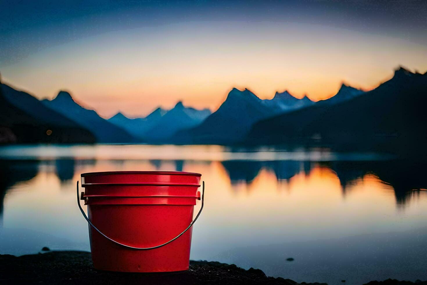 a red bucket sits on the shore of a lake at sunset. AI-Generated photo