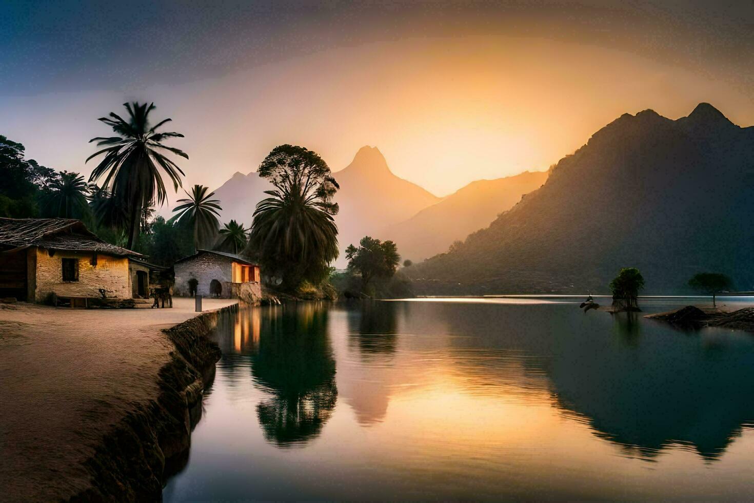 the sun rises over a lake and mountains in the background. AI-Generated photo