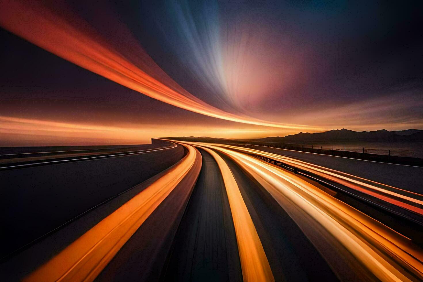 a long exposure photograph of a highway at sunset. AI-Generated photo