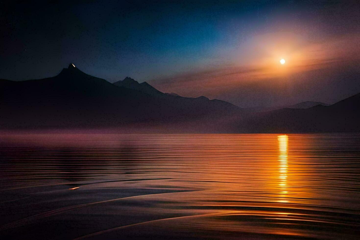 the moon is shining over a lake and mountains. AI-Generated photo