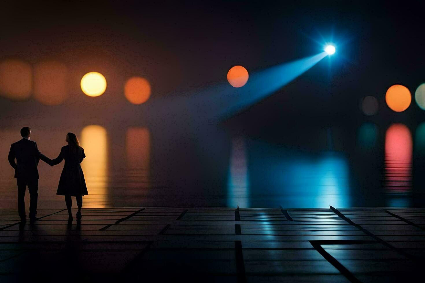 a couple holding hands in the dark at night. AI-Generated photo