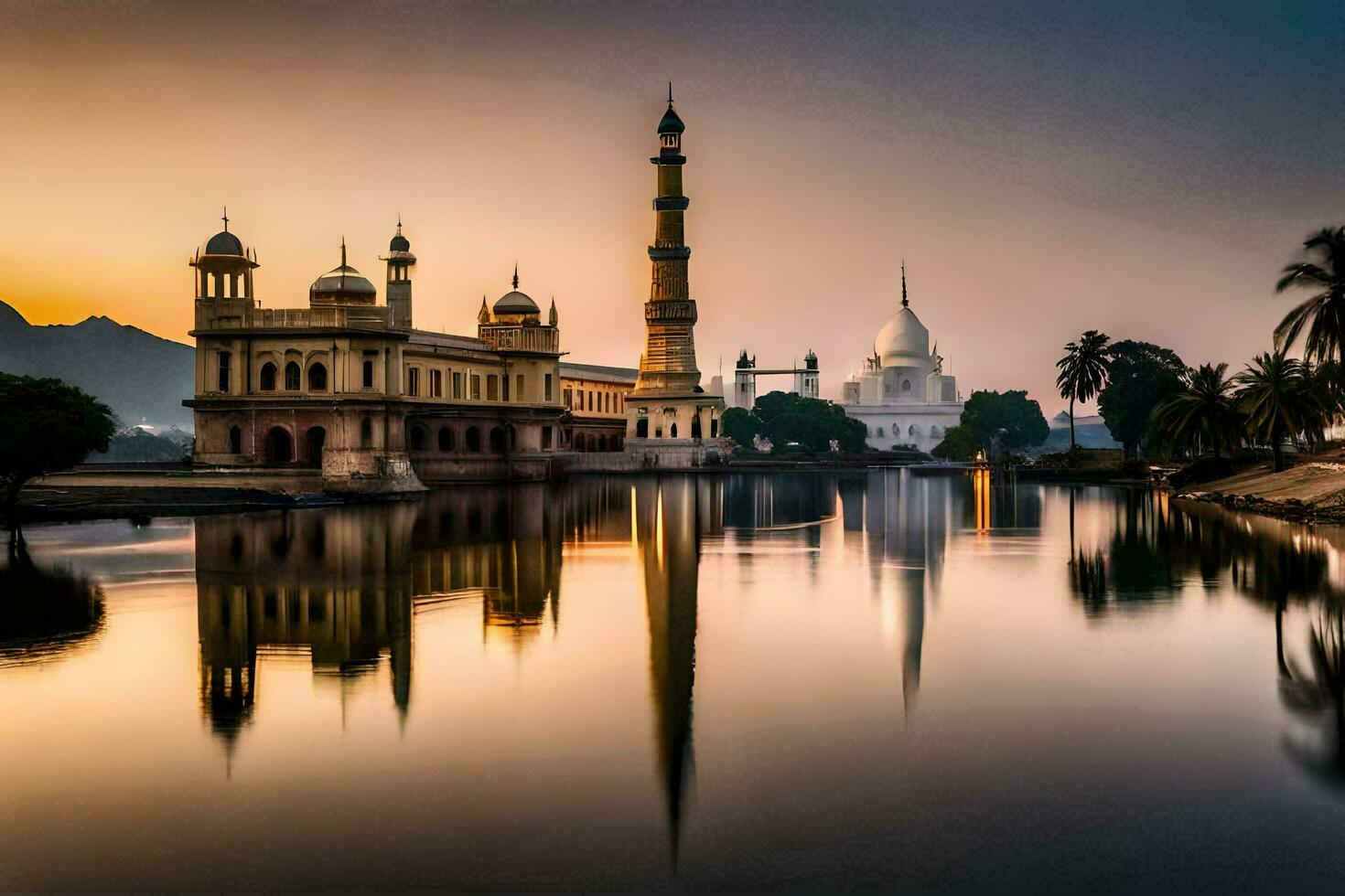 the sunset over the lake in india. AI-Generated photo