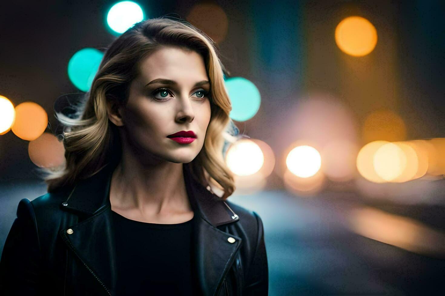 a beautiful woman in a black leather jacket and red lipstick. AI-Generated photo