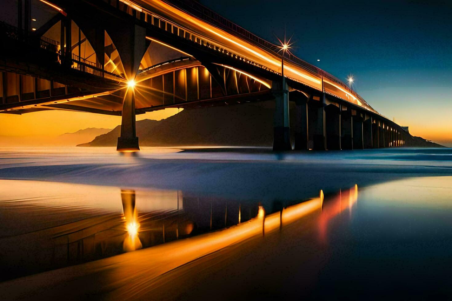 a bridge over the ocean at sunset. AI-Generated photo