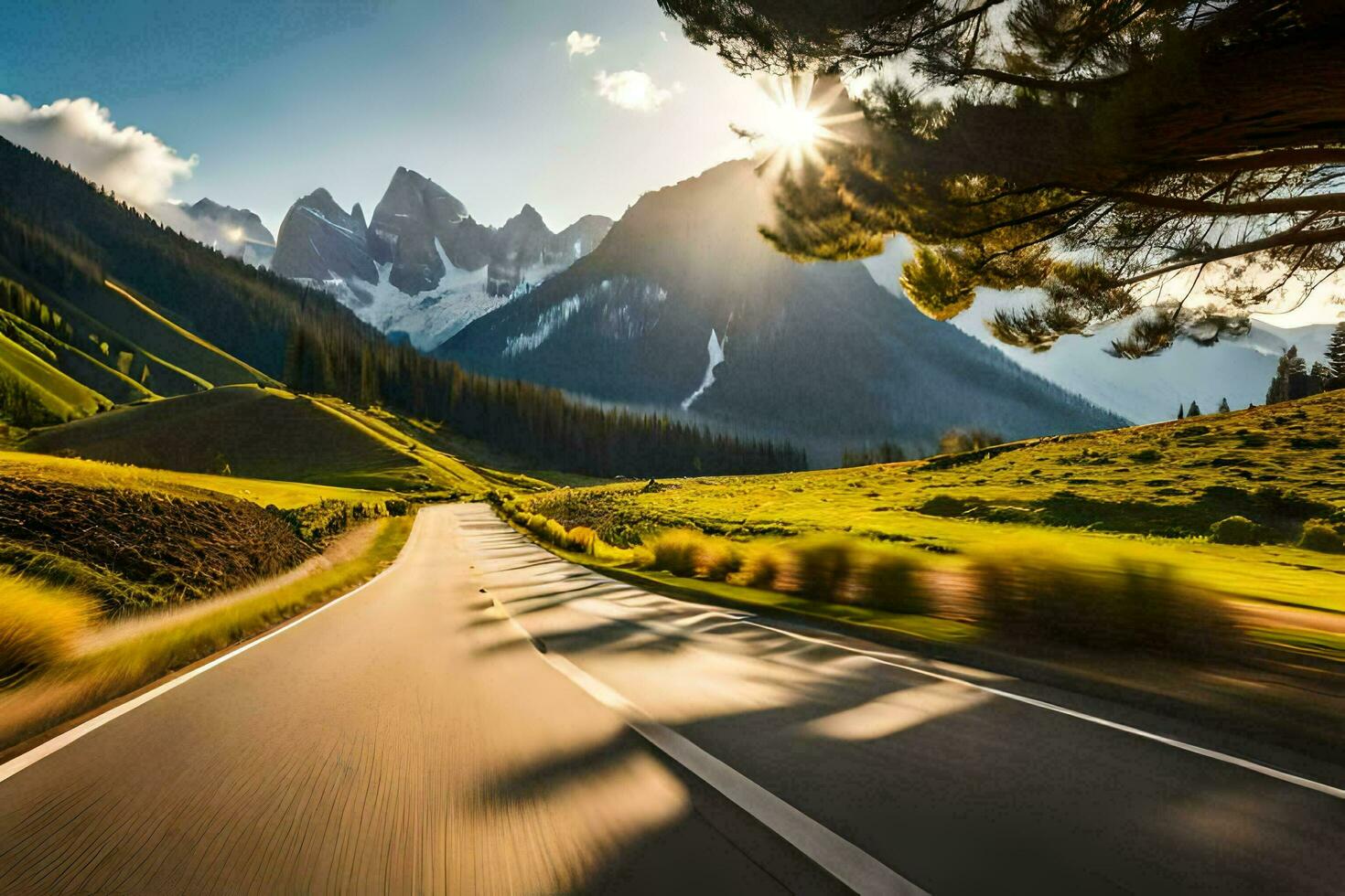 a road in the mountains with the sun shining. AI-Generated photo