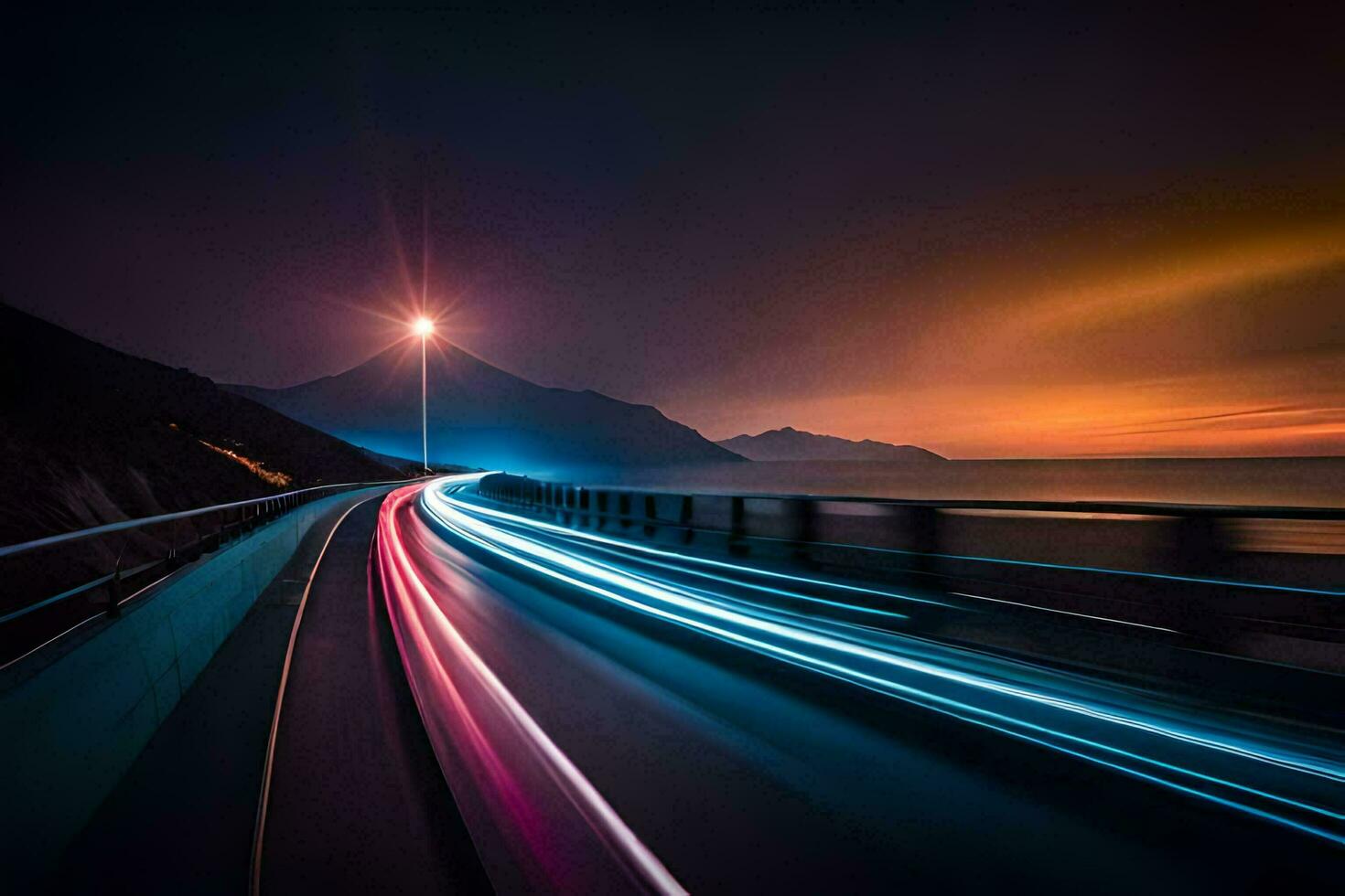 un largo exposición fotografía de un autopista a noche. generado por ai foto