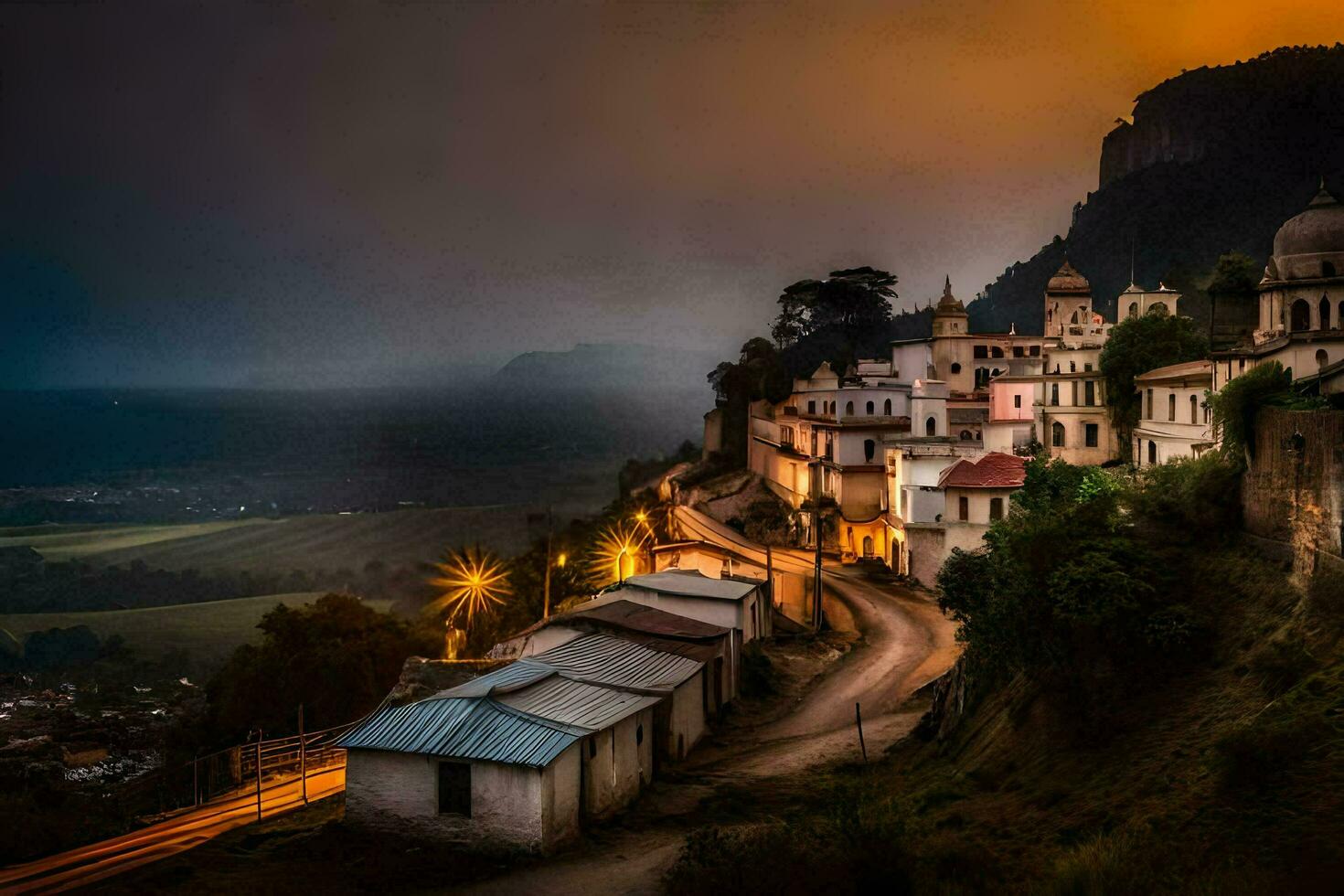 a town on the side of a mountain with a sunset. AI-Generated photo