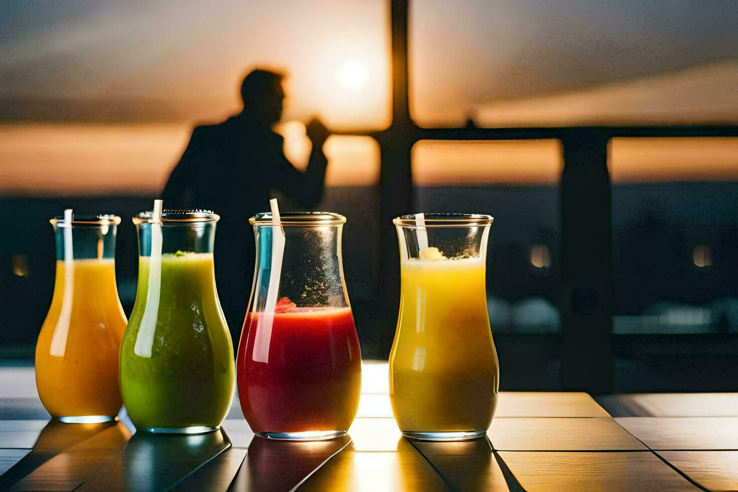 juice in glasses on a table with a silhouette of a man. AI-Generated photo