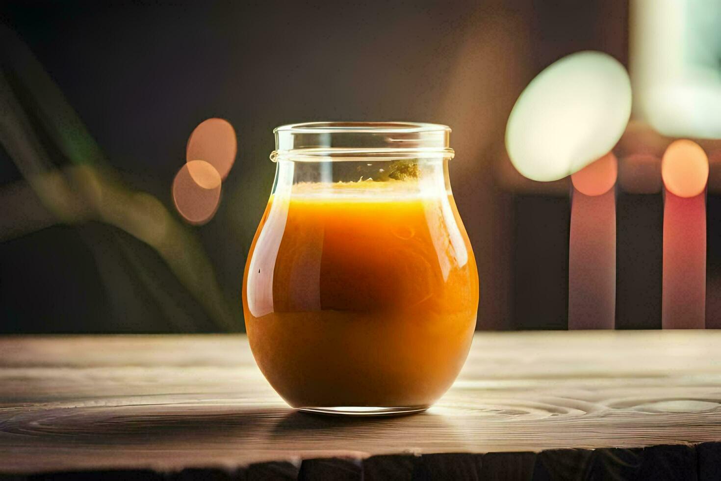 a glass of orange juice sitting on a table. AI-Generated photo