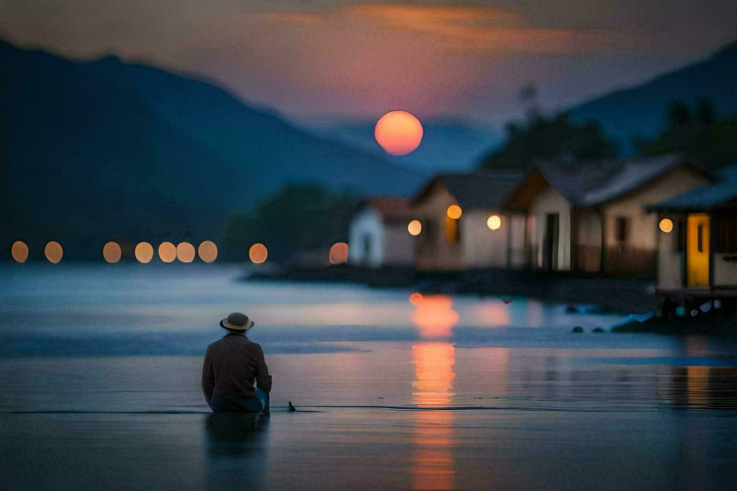a man sitting on the shore of a lake at sunset. AI-Generated photo