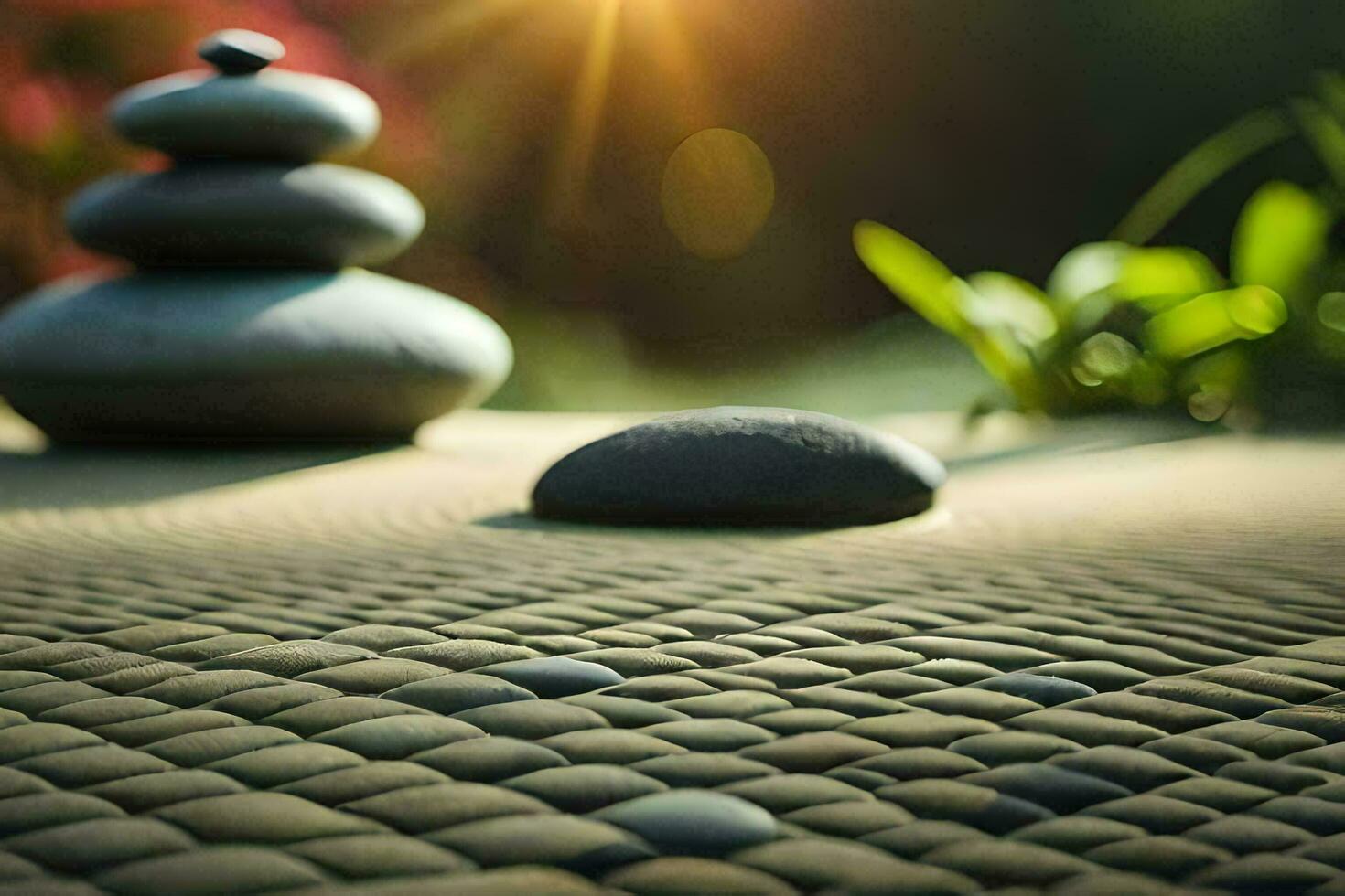 a stone table with a stone on top and a rock in the background. AI-Generated photo