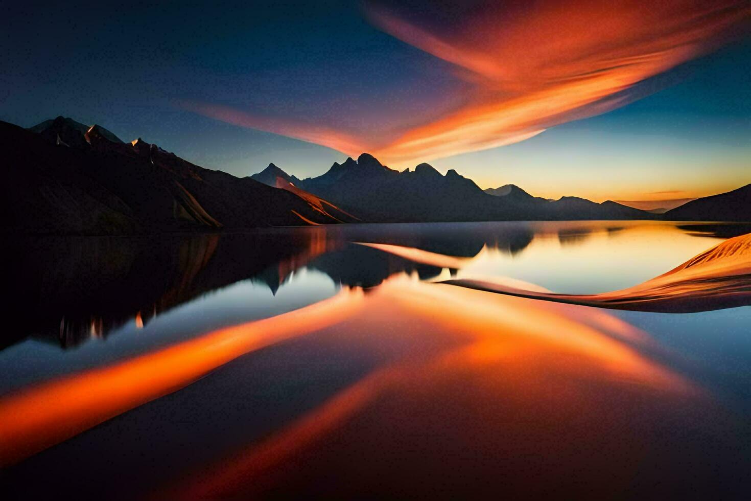 the sun sets over mountains and water. AI-Generated photo