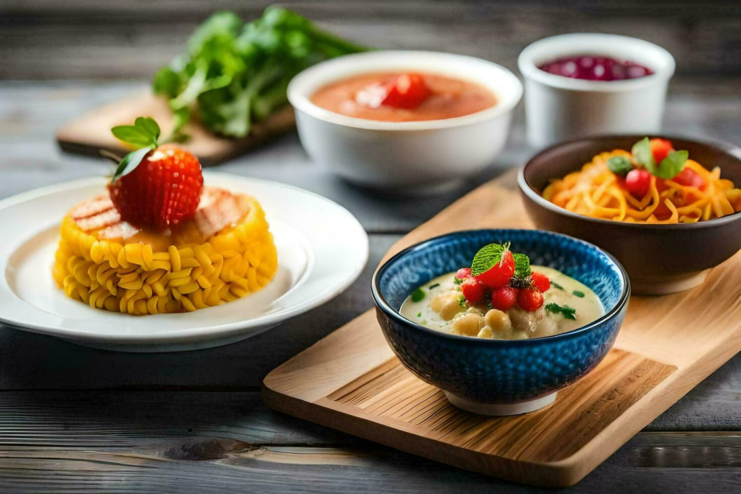 a wooden table with bowls of food and a strawberry. AI-Generated photo