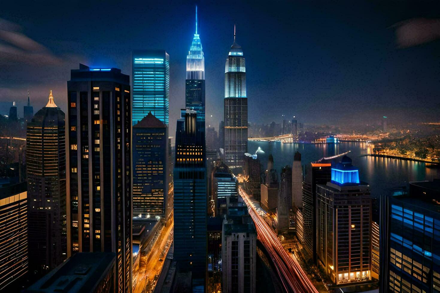 the city skyline at night with lights on. AI-Generated photo