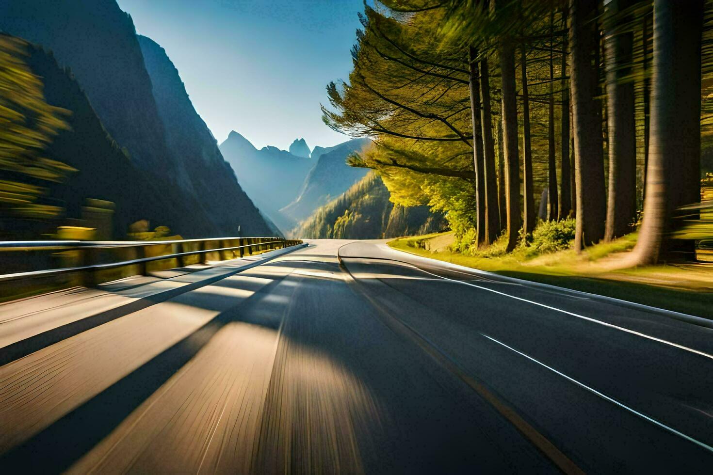 un coche conducción abajo un la carretera en el montañas. generado por ai foto