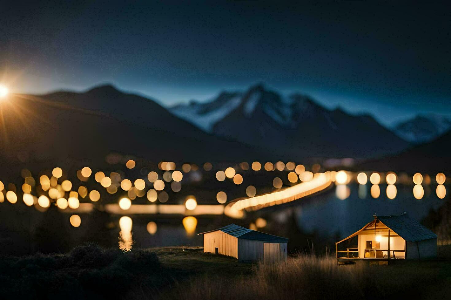 a small cabin in the middle of a lake at night. AI-Generated photo