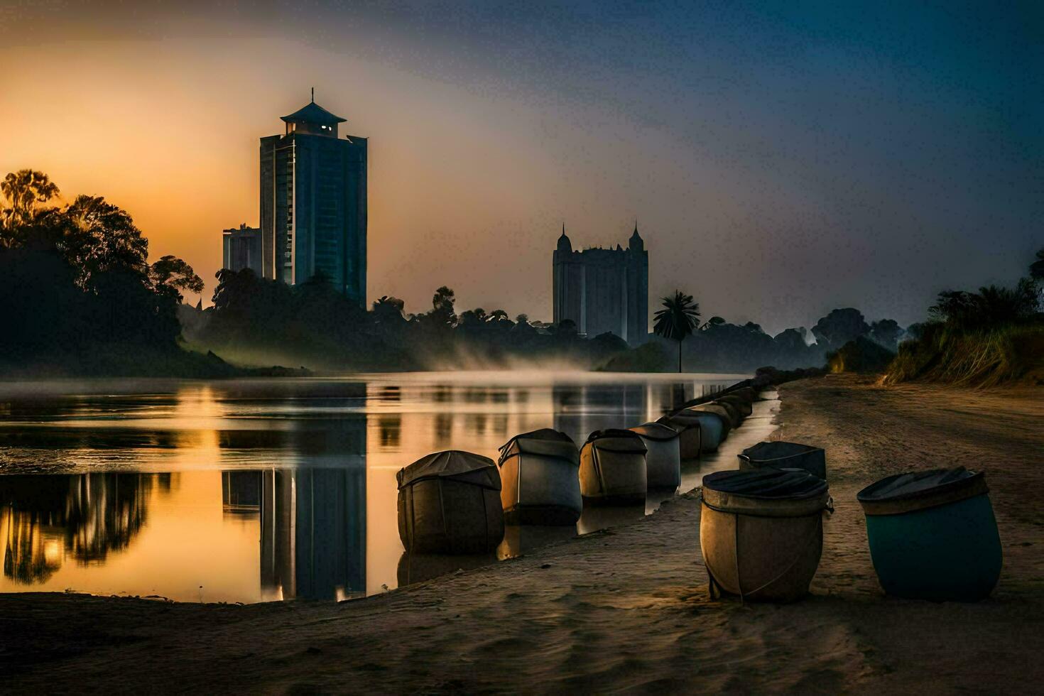 the sun rises over the water and a city skyline. AI-Generated photo