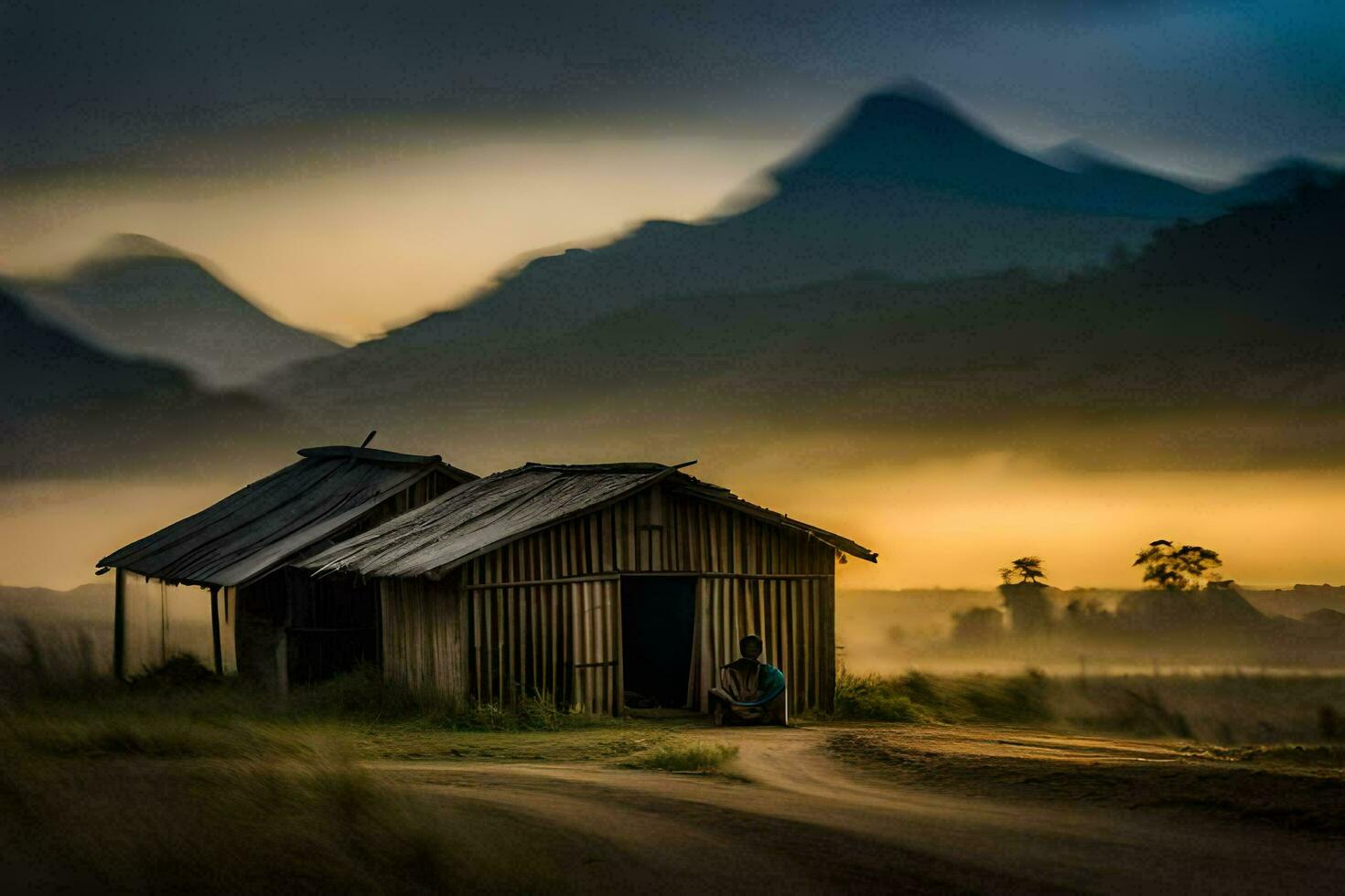 a man sits outside of a shack in front of mountains. AI-Generated photo