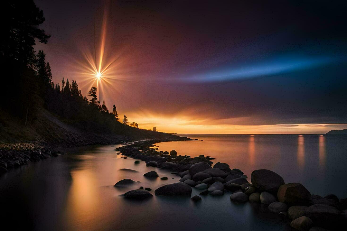 a beautiful sunset over the water with rocks and trees. AI-Generated photo