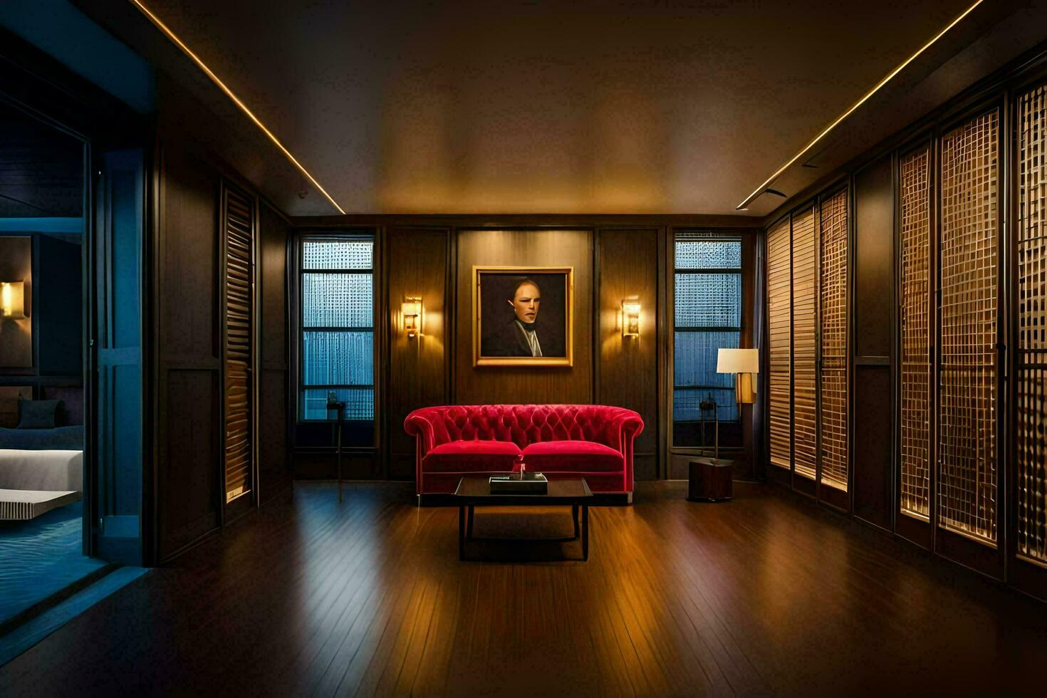 the room has a red couch and a painting on the wall. AI-Generated photo