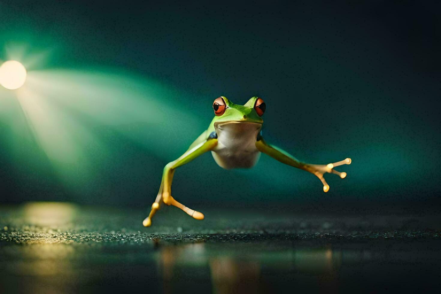 a frog jumping in the air with bright lights. AI-Generated photo