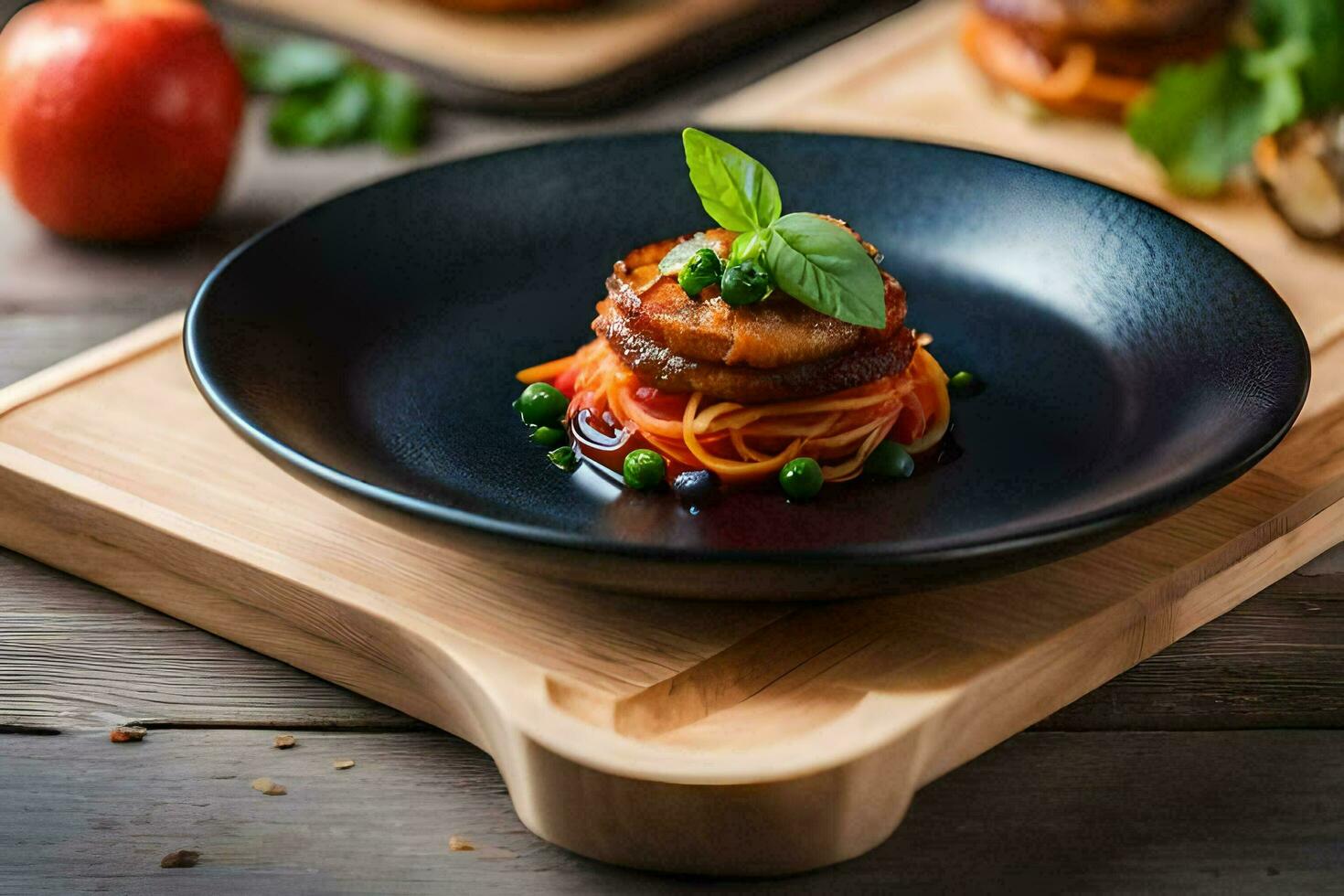 a plate with food on it and a wooden cutting board. AI-Generated photo