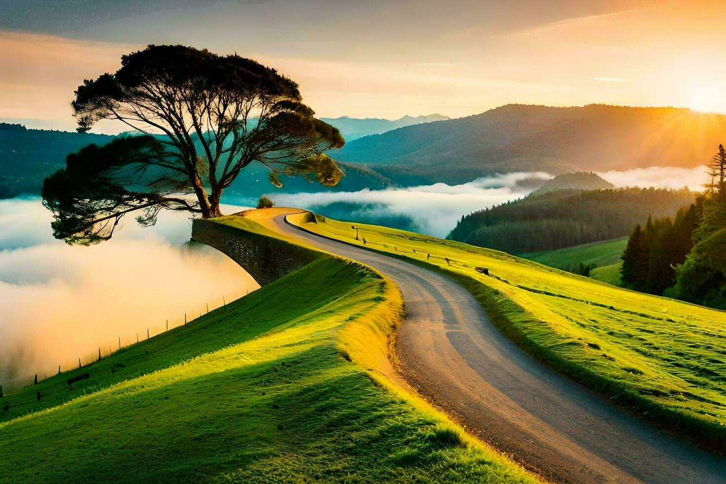 el la carretera a el puesta de sol. generado por ai foto