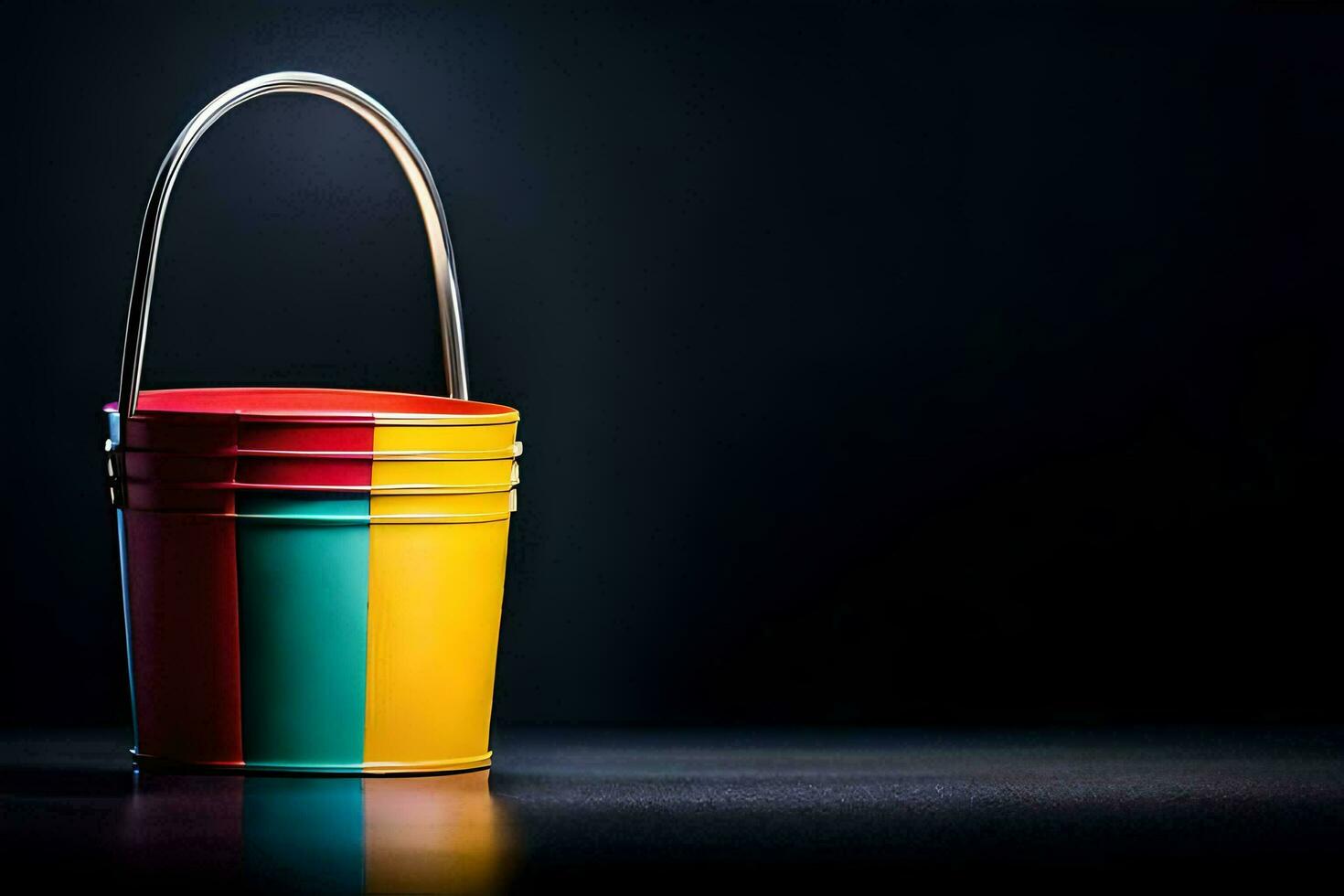 a colorful bucket with a handle on a dark background. AI-Generated photo