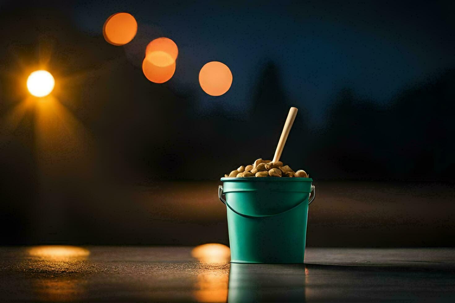 a bucket of peanuts with a wooden stick on top. AI-Generated photo