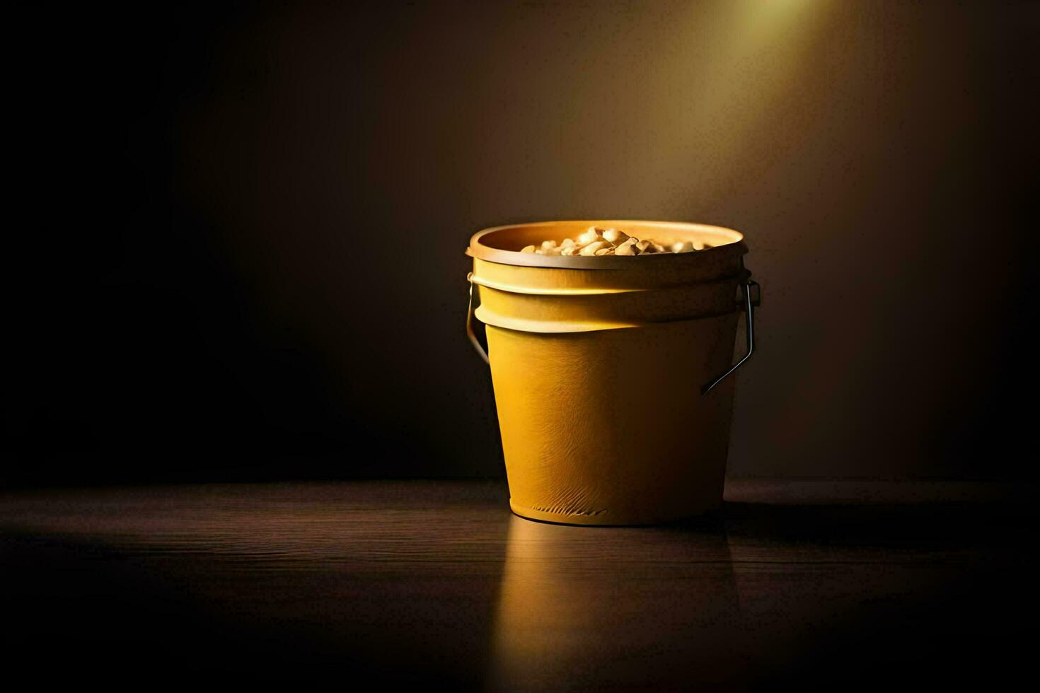 a yellow bucket of peanuts sitting on a table. AI-Generated photo