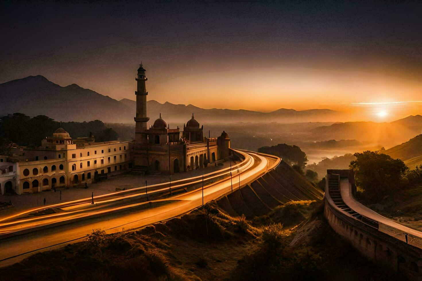 the sun sets over a mosque and road in the mountains. AI-Generated photo