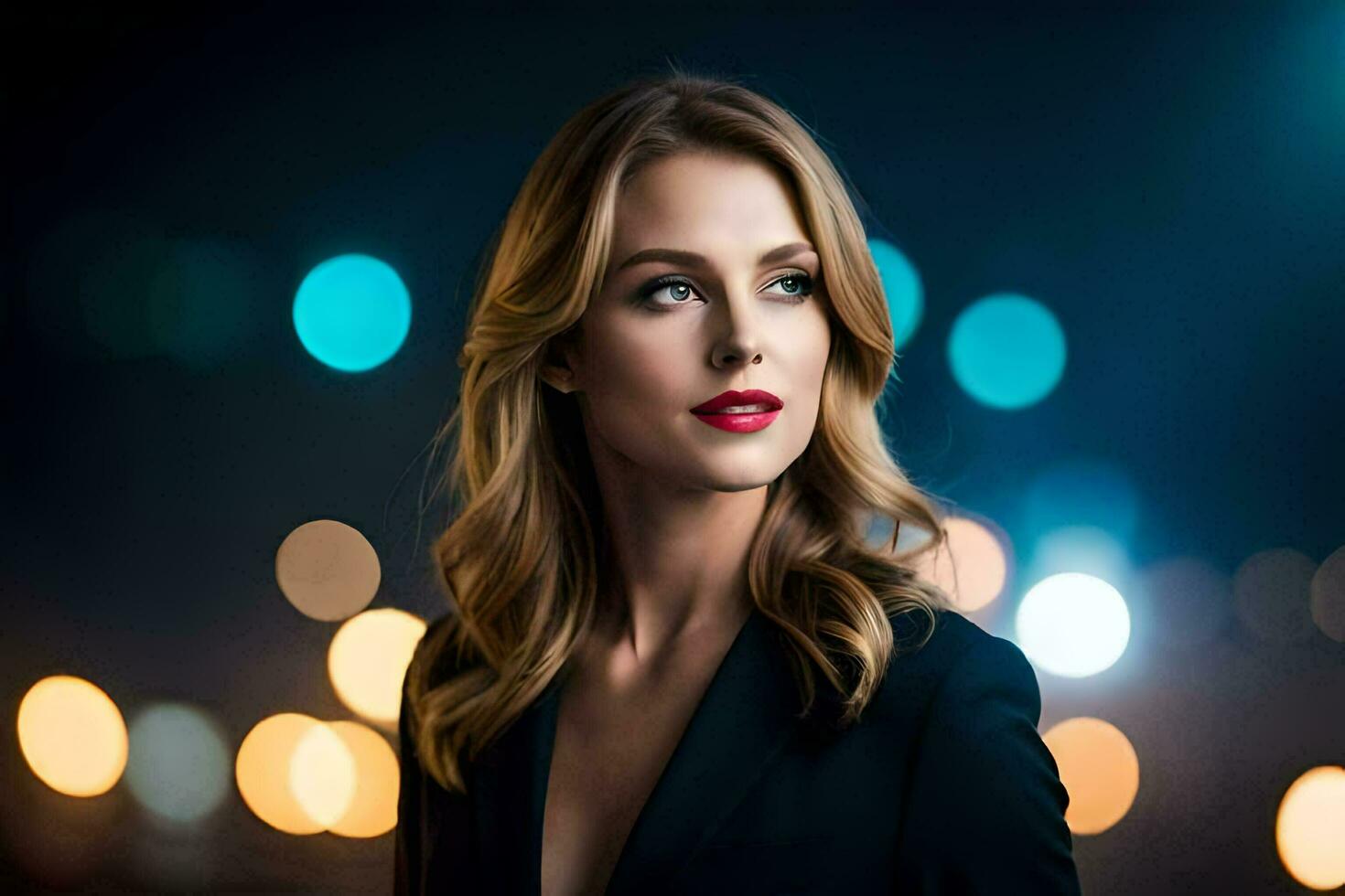 a beautiful woman in a black suit and red lipstick. AI-Generated photo
