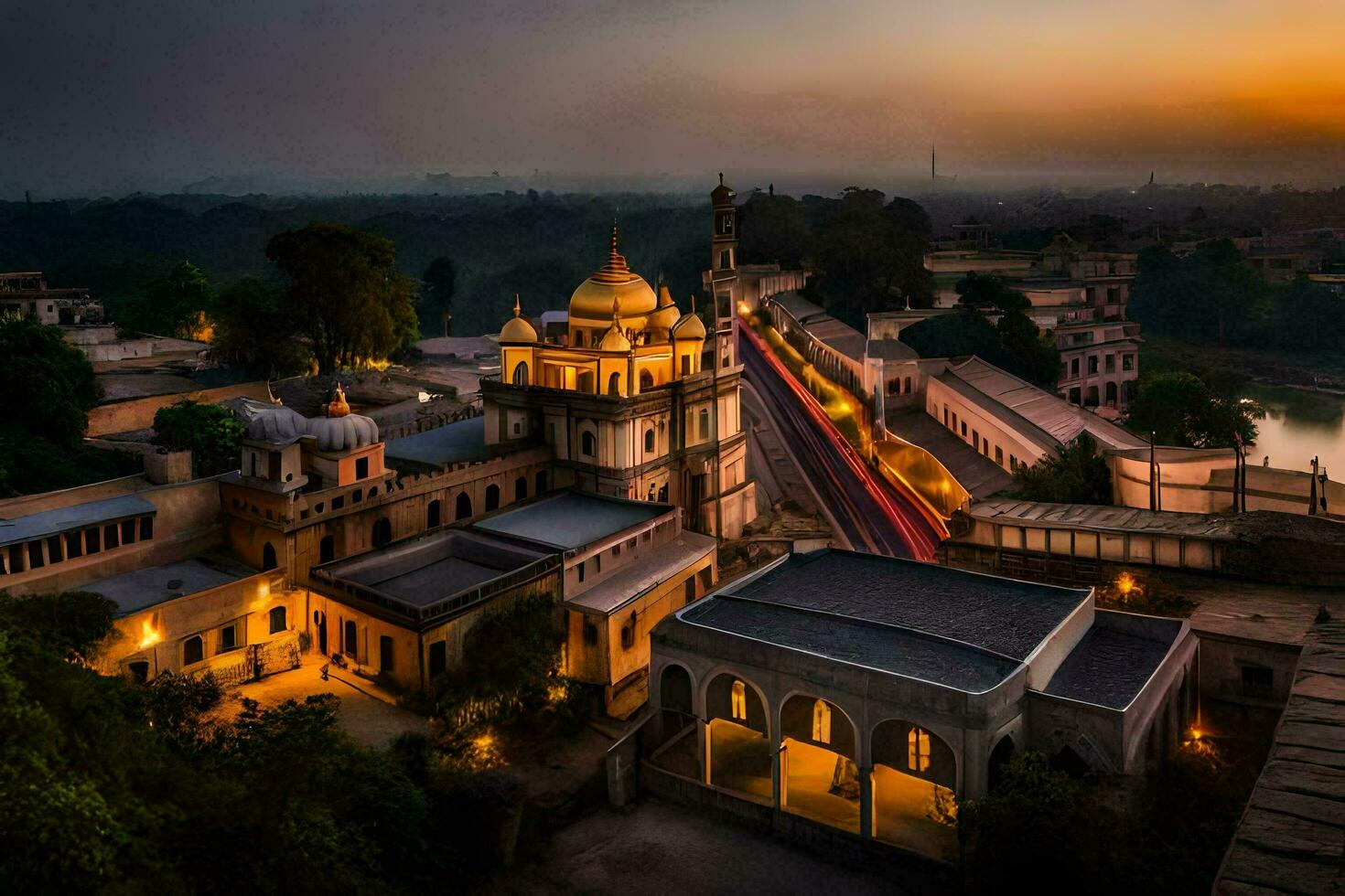el puesta de sol terminado el ciudad de Delhi. generado por ai foto