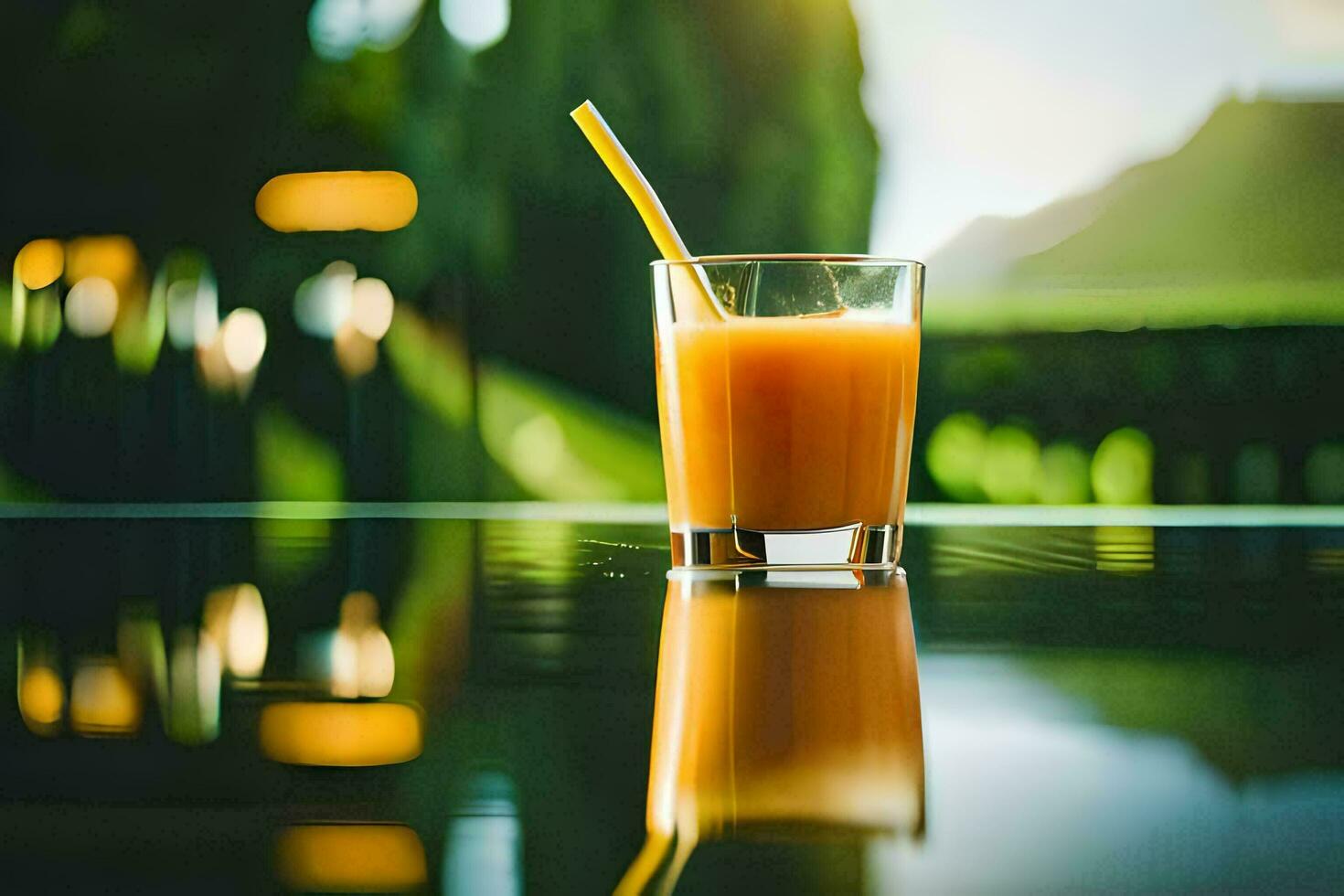 a glass of orange juice on a table. AI-Generated photo